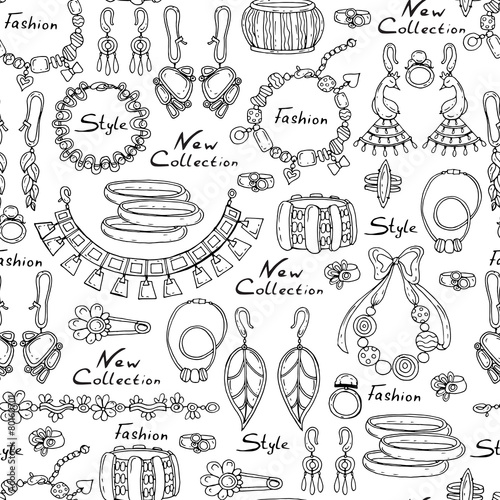 Vector pattern with hand drawn and fashionable jewelry on white
