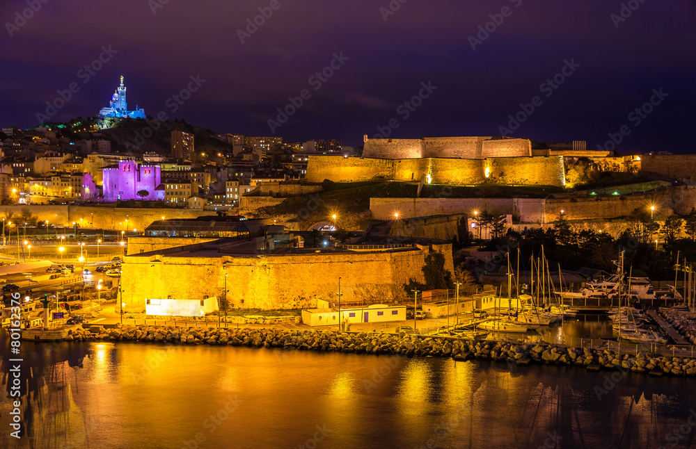 Night view of Fort St. Nicolas and Notre-Dame-de-la-Garde in Mar