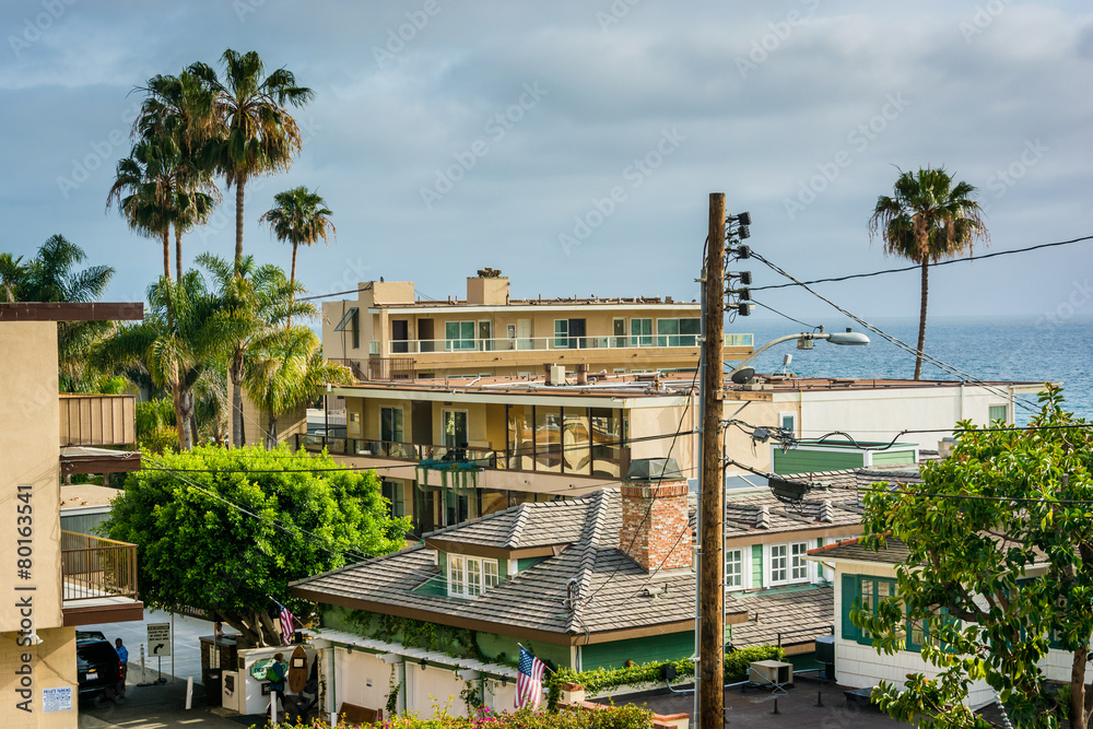 View of buildings and the Pacific Ocean, in Laguna Beach, Califo