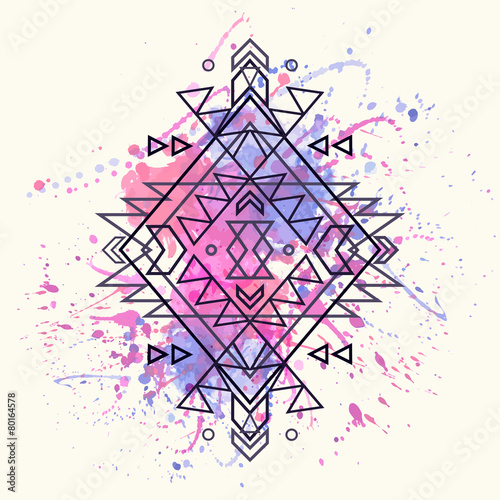 Vector decorative ethnic pattern with watercolor splash