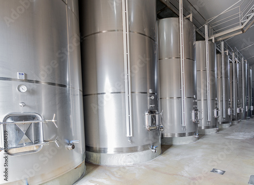 modern wine cellar with stainless steel tanks