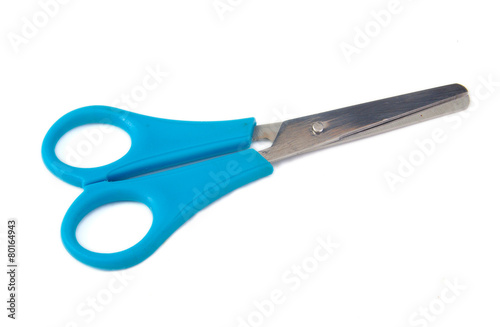 Closed blue scissors for kids on a white background