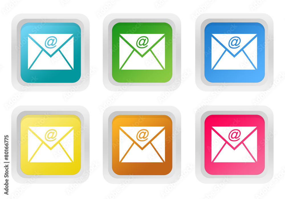 Set of squared colorful buttons with email symbol Set of squared colorful buttons with email symbol