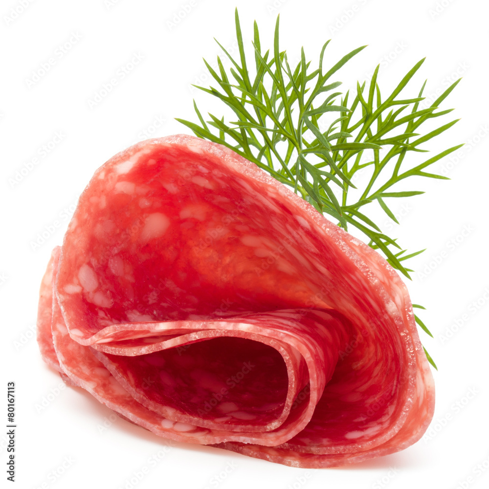 Fototapeta premium Salami sausage slices isolated on white background cutout