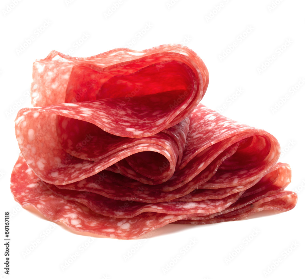 Salami sausage slices isolated on white background cutout Salami sausage slices isolated on white background cutout