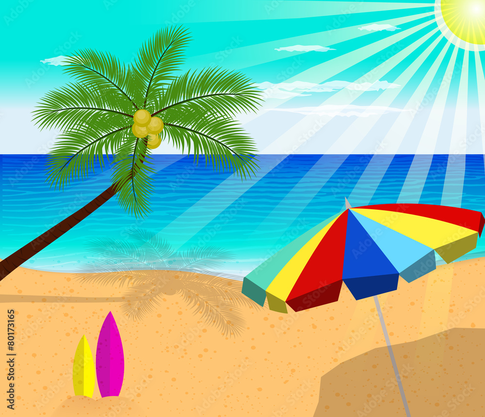 Tropical beach with Palm Trees  and umbrella