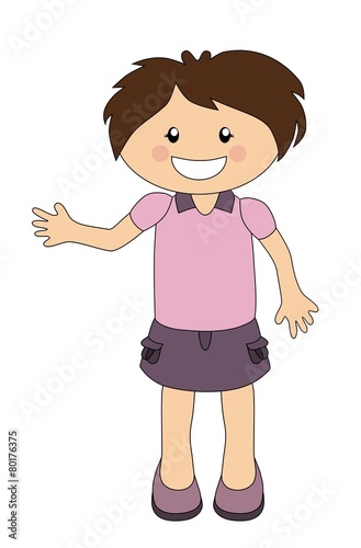 Cute cartoon girl waving hand isolated on white
