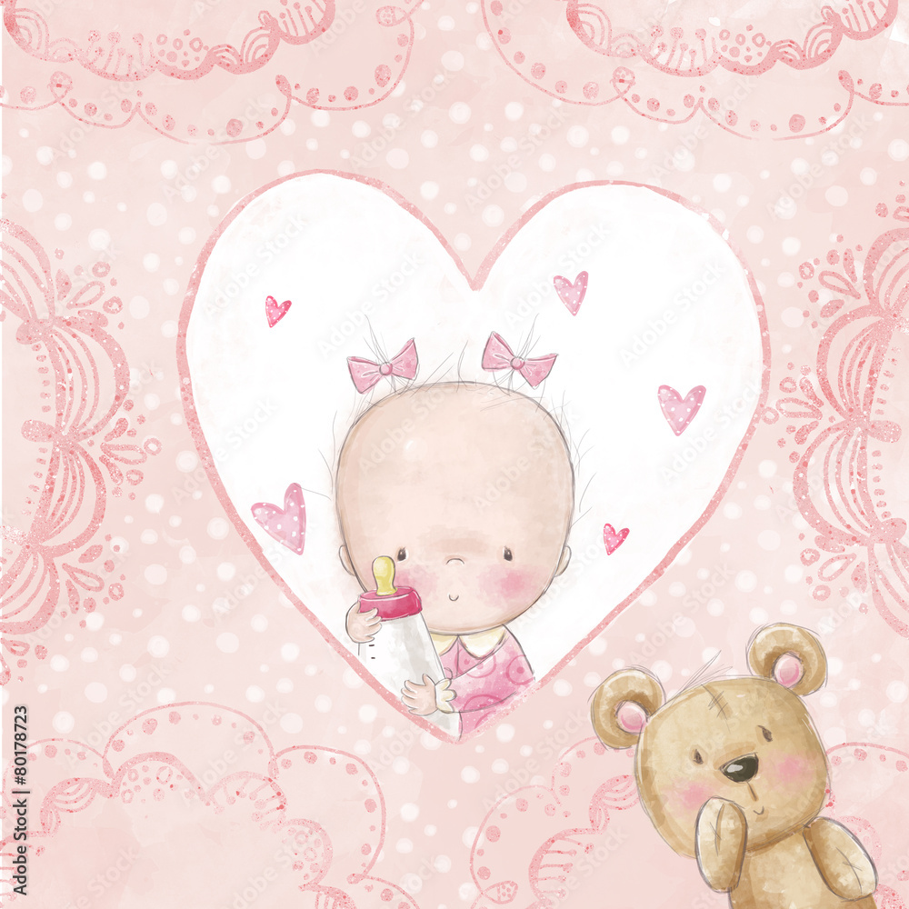 Baby shower greeting card.Baby girl with teddy Baby shower greeting card.Baby girl with teddy