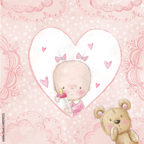 Baby shower greeting card.Baby girl with teddy #80178723