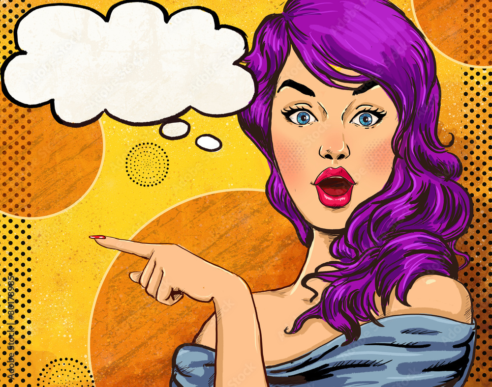 Pop Art illustration of girl with the speech bubble.Fashion Stock ...