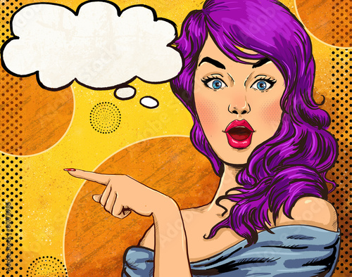 Pop Art illustration of girl with the speech bubble.Fashion #80178985