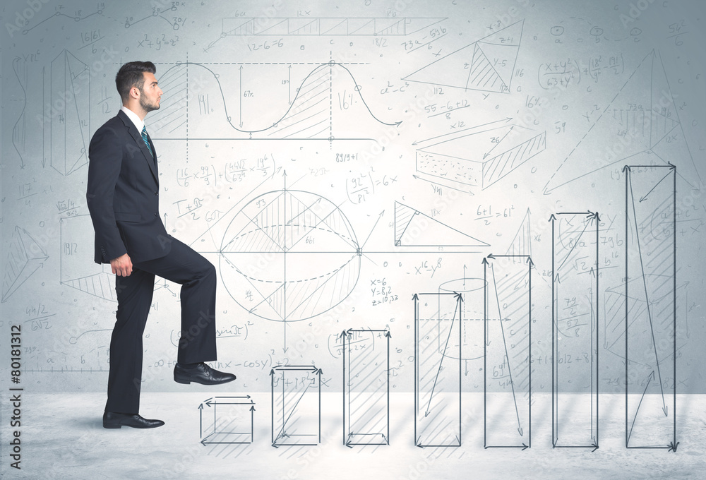 Business man climbing up on hand drawn graphs concept Business man climbing up on hand drawn graphs concept
