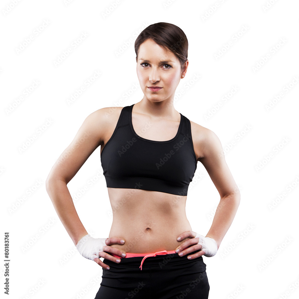 Close up image of female in sports clothing relaxing after worko Close up image of female in sports clothing relaxing after worko