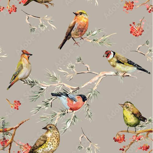 seamless texture of cute birds. watercolor painting