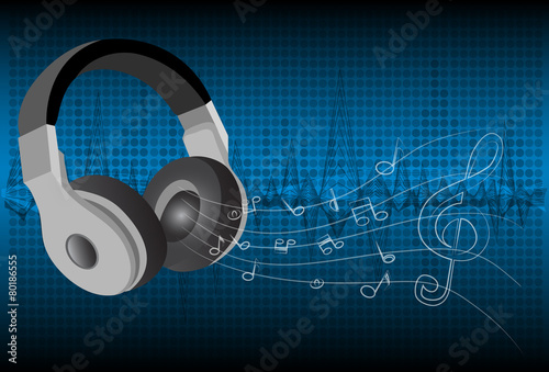 Black wire headphones earplugs with colored sound waves poster