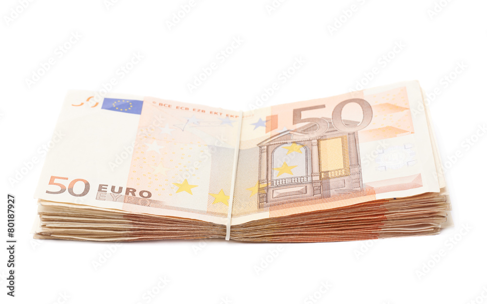 Stack pile of fifty euro bank notes Stack pile of fifty euro bank notes