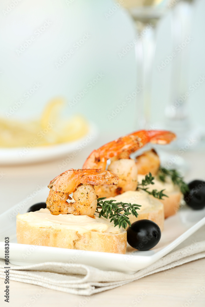 Appetizer canape with shrimp and olives Appetizer canape with shrimp and olives