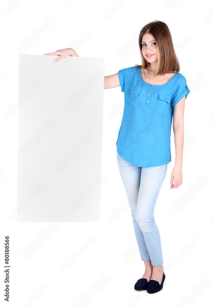 Beautiful young woman holding blank poster isolated on white Beautiful young woman holding blank poster isolated on white