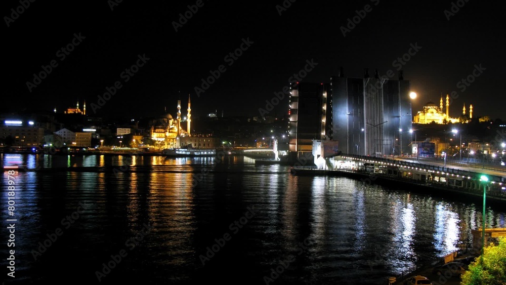 Ships float under Galata drawbridge at night, time lapse Ships float under Galata drawbridge at night, time lapse