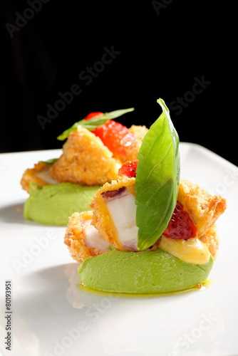 Fine dining, Fried Octopus on basil mousse and strawberries