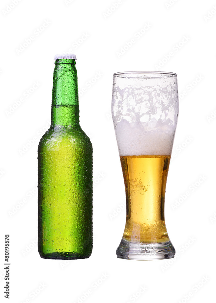 Isolated bottle and glass with light beer