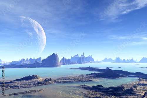 3D rendered fantasy alien planet. Rocks and sky