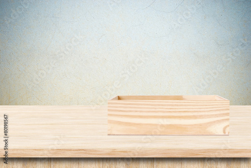 Wood storage box on table background, product display montage