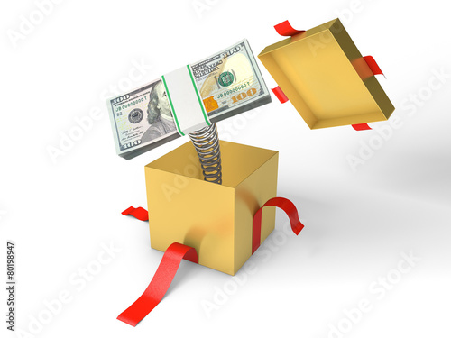 The stack of dollars jumps out of a gift box on a spring