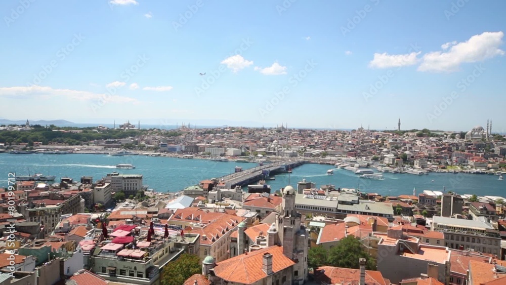 Landscape with lot of roofs of houses and strait with bridge Landscape with lot of roofs of houses and strait with bridge