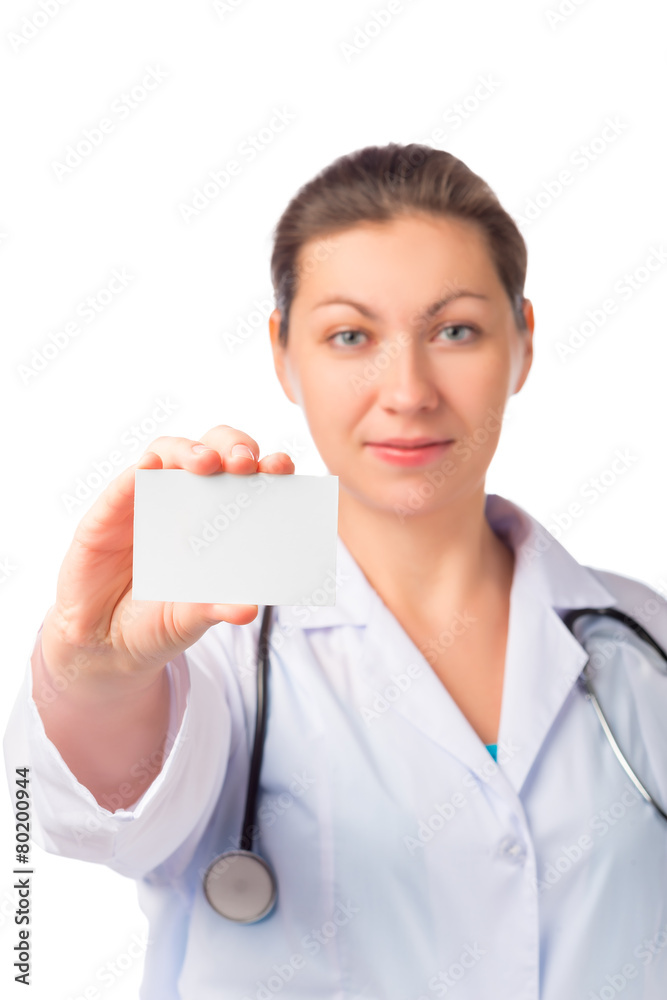 doctor with business card in hand isolated in studio doctor with business card in hand isolated in studio