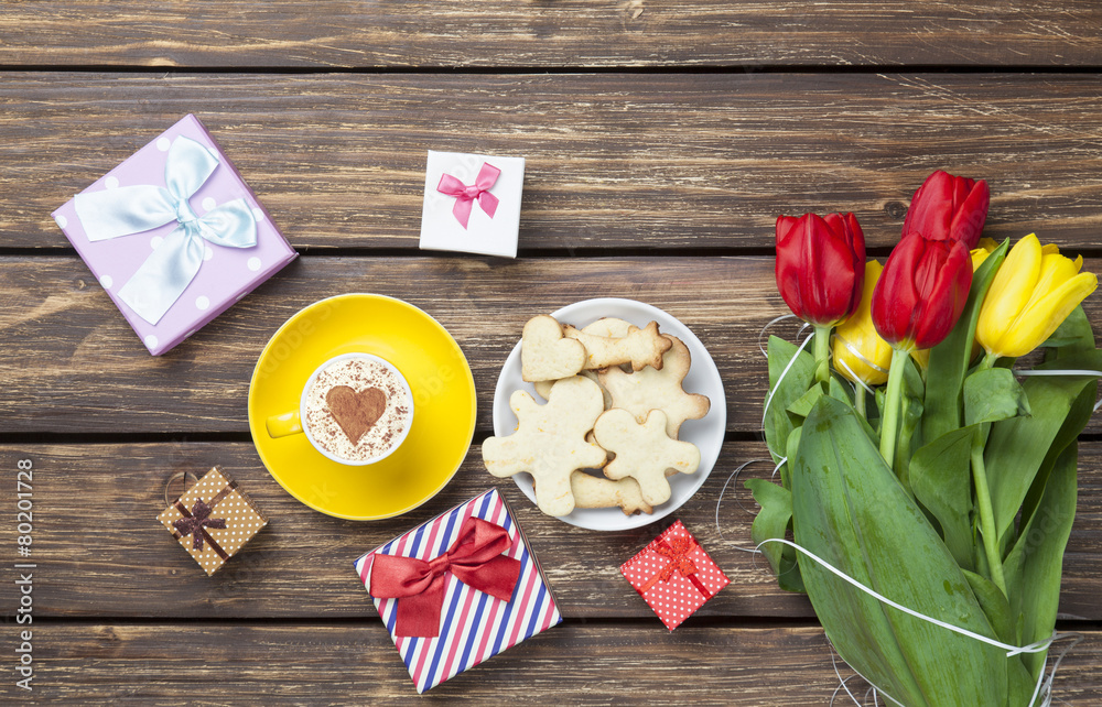 Cup of cappuccino with heart shape and cookies Cup of cappuccino with heart shape and cookies