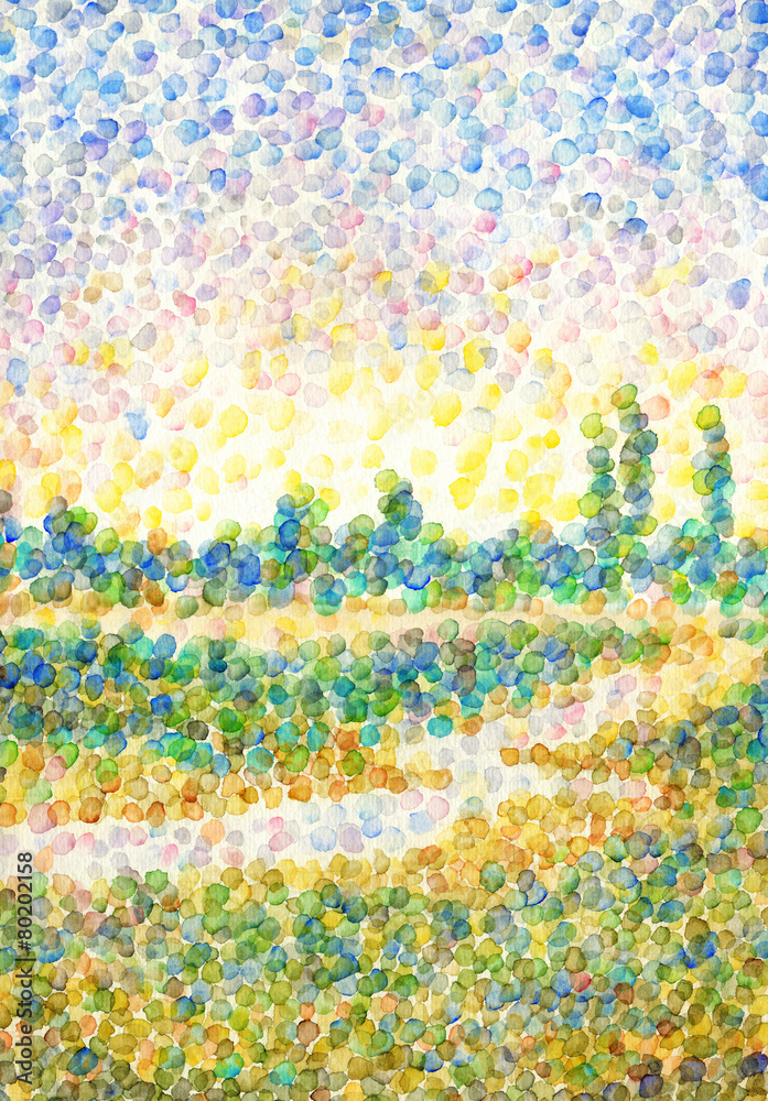 Naklejka premium Landscape in style of pointillism. River in the field