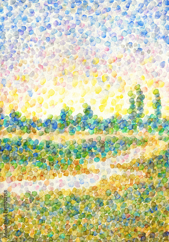 Landscape in style of pointillism. River in the field