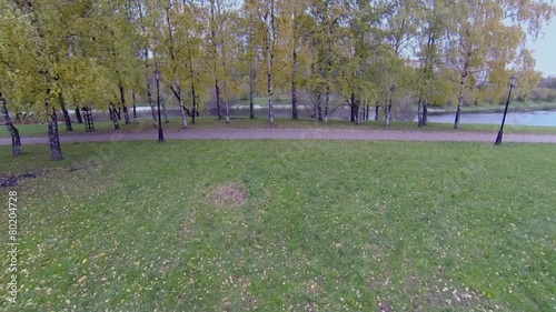 Wind blows colorful leaves on trees near Cherkizovsky pond photo