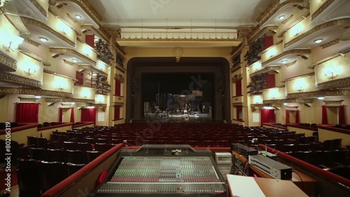 Audio mixer at sound engineer workplace and people work on stage photo