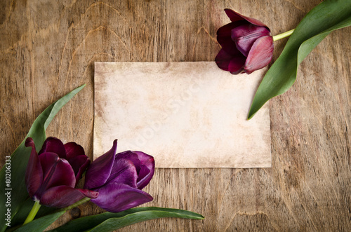 Fototapeta Naklejka Na Ścianę i Meble -  The old card and fresh tulips from two corners is lying on woode
