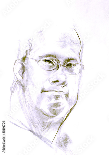 Down syndrome man, portrait, drawing on paper
