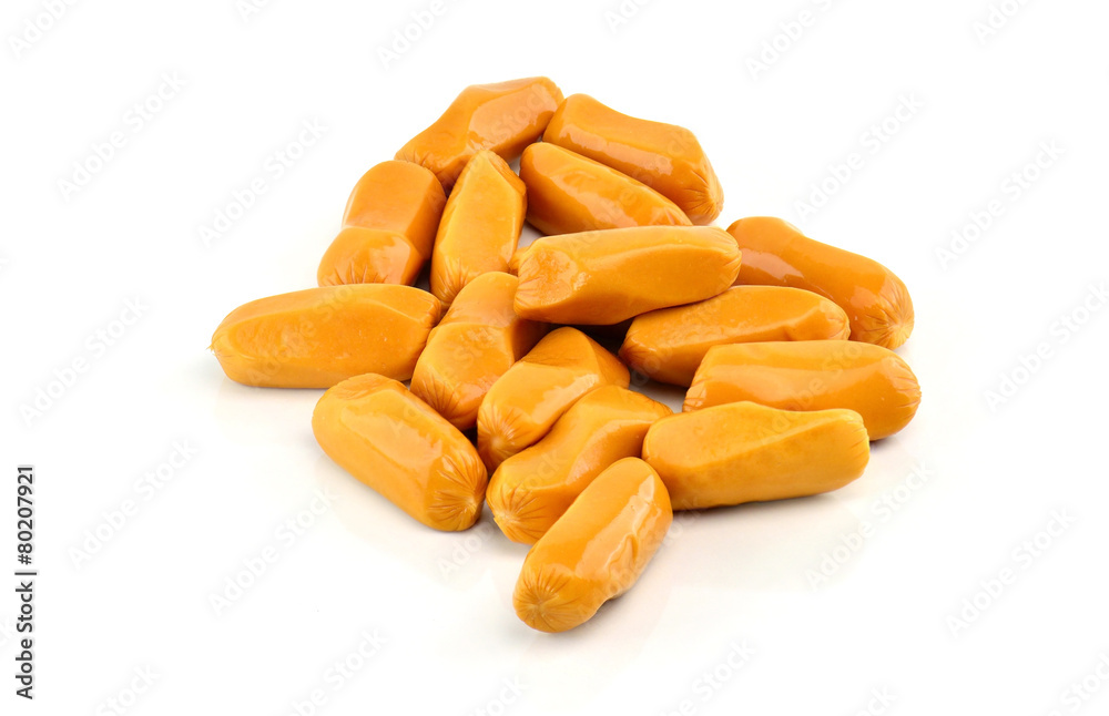 cocktail sausages on white background