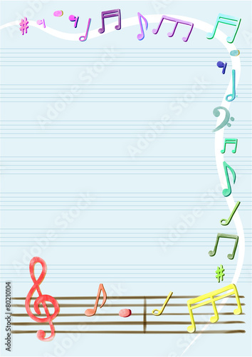 Musical notes vector in notebook or frame, border