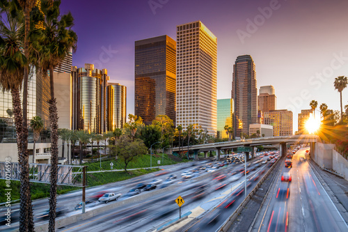 Los Angeles downtown skyline sunset buildings highway