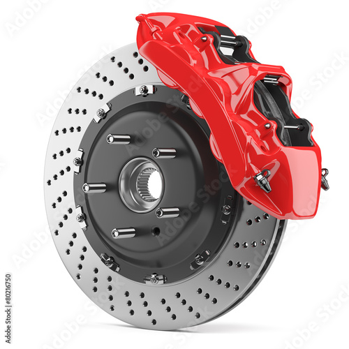 Automobile brake disk and red caliper