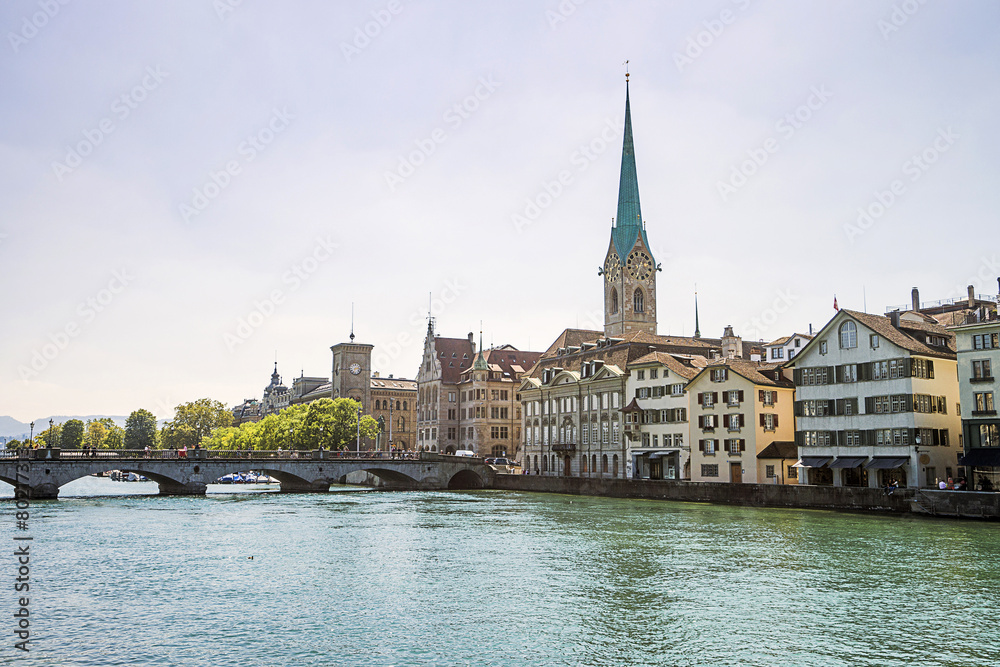 Zurich city center skyline and Limmat quay
