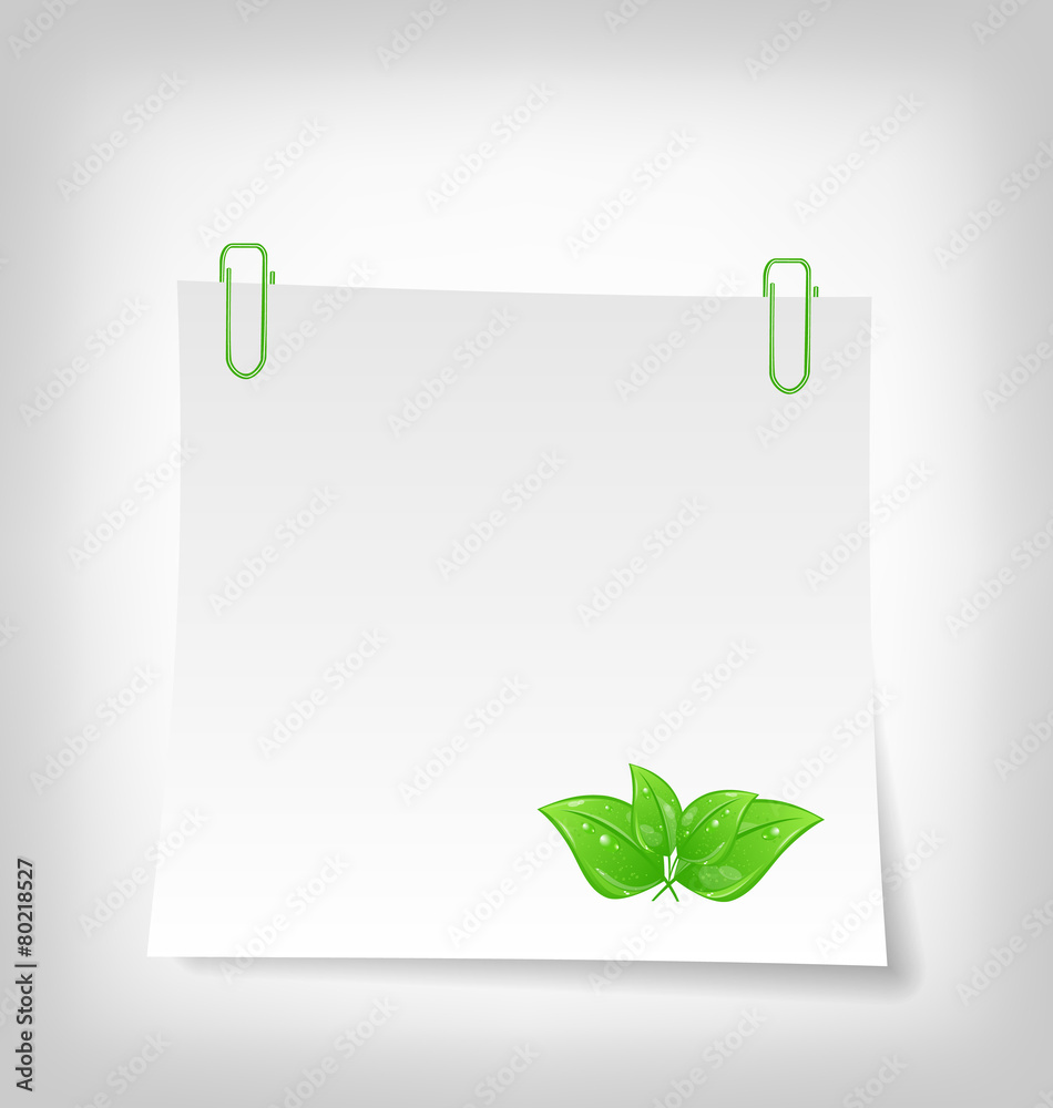 blank note paper with green leaves, isolated on white background blank note paper with green leaves, isolated on white background