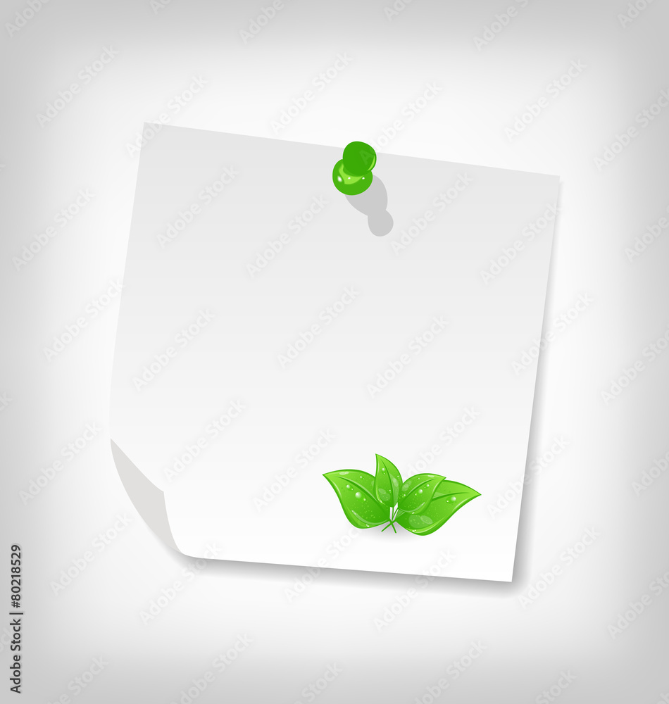 blank note paper with green leaves, isolated on white background