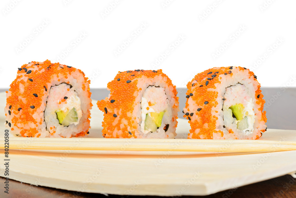 Closeup of three California maki sushi in row Closeup of three California maki sushi in row