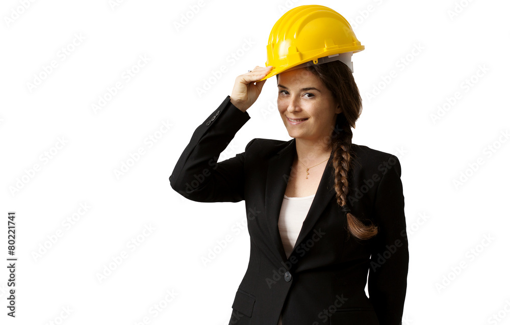 female enginer with helmet over white background female enginer with helmet over white background