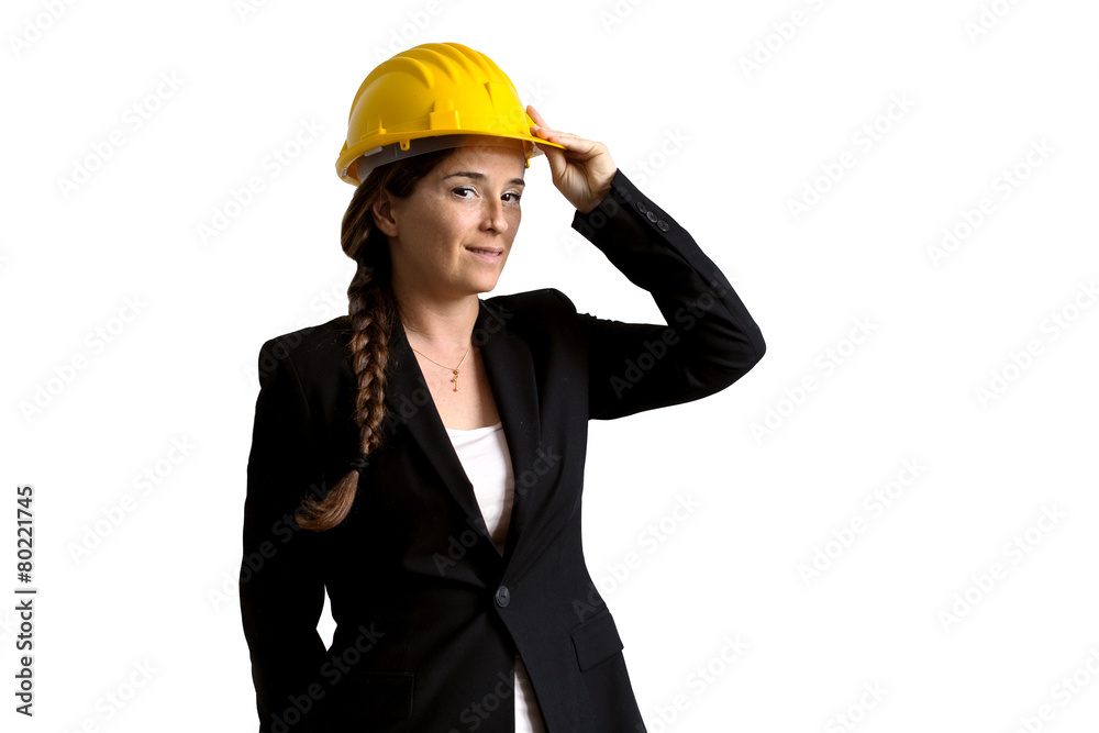 female enginer with helmet over white background female enginer with helmet over white background