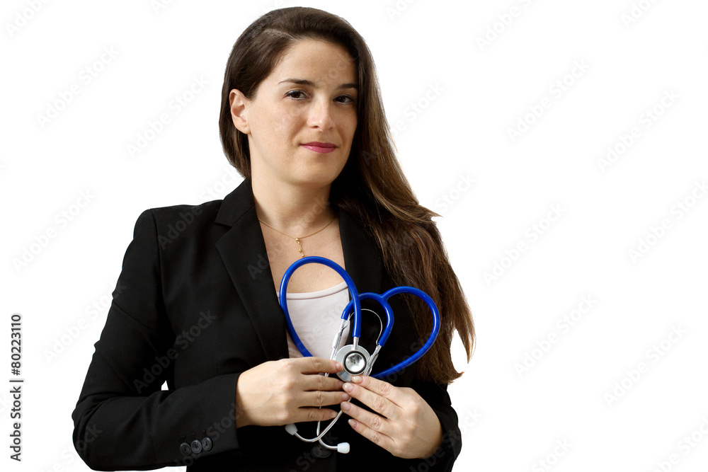 female doctor with stethoscope over white background