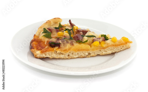 Slice of italian pizza on plate, isolated on white background.