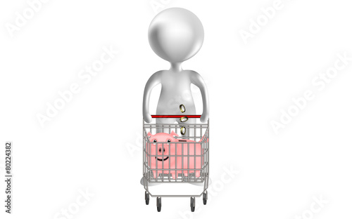 monigote 3d v3 con carro de la compra y cerdito ahorrador